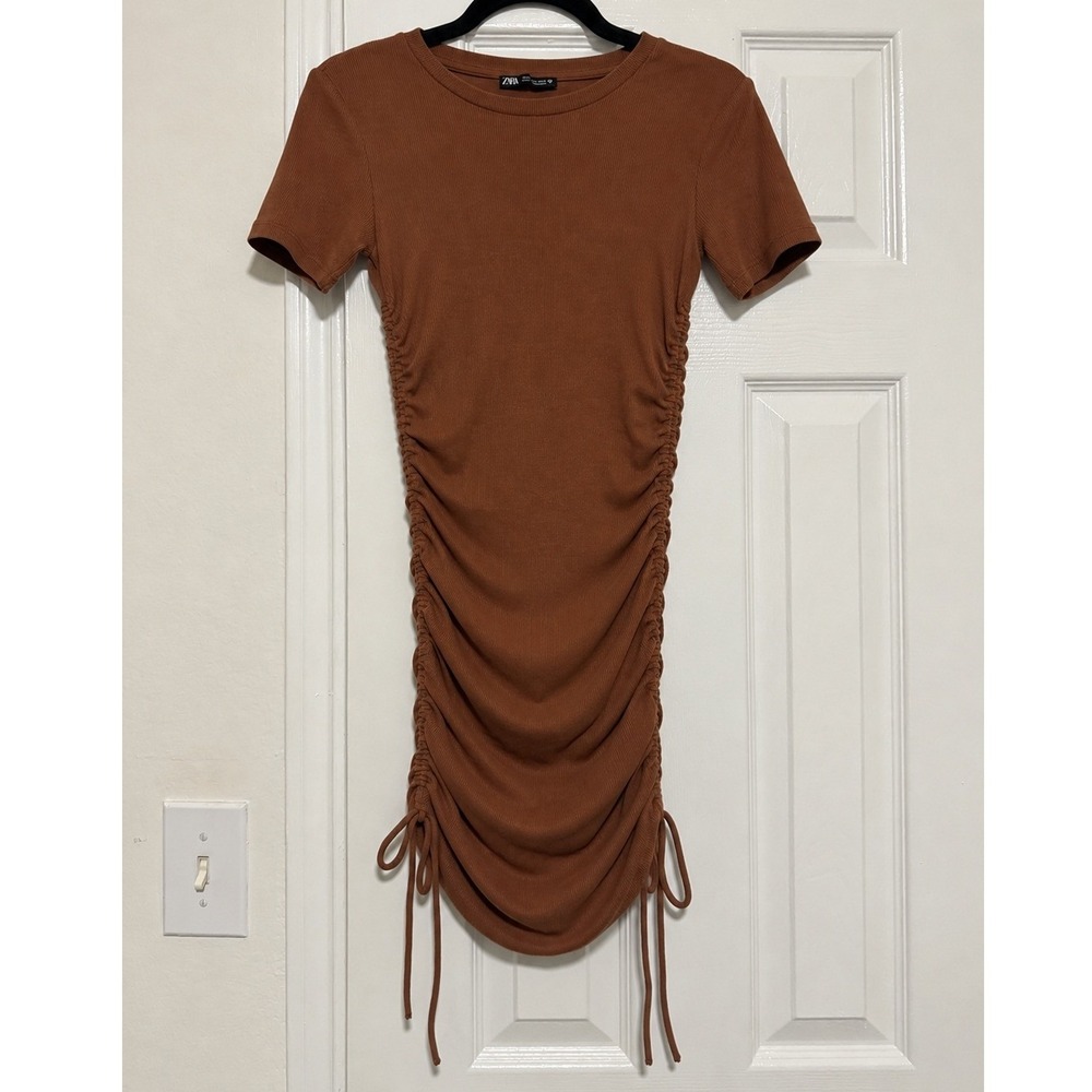 Zara Brown Ribbed Ruched Side Drawstring Bodycon Mini Dress Small Stretch - Picture 2 of 6